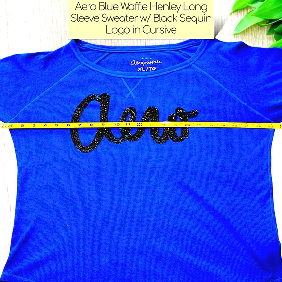 Aeropostale Henley Sweater w/ Aero Logo in Black Sequins in Royal Blue Size XL - Picture 5 of 8